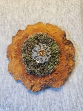 Vintage Handmade Wood & Moss Floral Brooch with Rhinestone Center